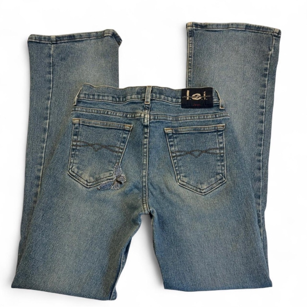 VTG y2k LEI Jeans Sz 7 Bootcut Light Wash Butterfly Patch Low Rise Distressed - Picture 2 of 8